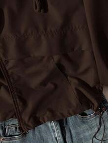 1 pieza Chaqueta casual con capucha, cremallera frontal, manga larga y protección solar, de unicolor, para otoño/invierno - Marrón - Ver 5