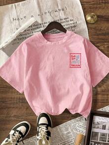 Camiseta casual de mujer con cuello redondo y manga corta, con un estampado gráfico de palmeras y cocoteros en el borde, ideal para vacaciones de primavera y verano. - rosa pálido - Ver 3
