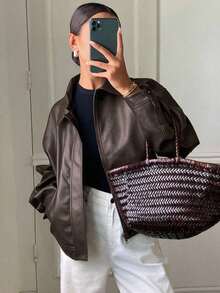 Chaqueta regular de mujer de PU gruesa, suelta y casual, nueva para otoño/invierno - Óxido marrón - Ver 3