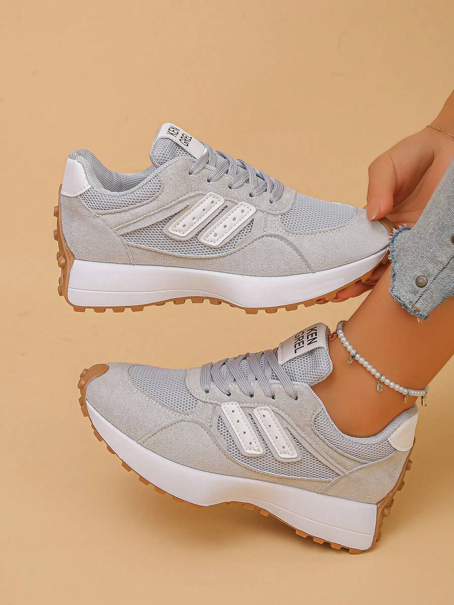 Women's Platform Sneakers With Geometric Pattern, Preppy Style, Suitable For Spring And Autumn - Grey - View 1
