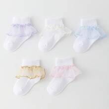 5双女婴蝴蝶结装饰舒适透气蕾丝边短袜，适合日常/旅行 - 彩色 - 查看 4
