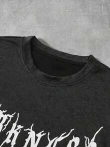 Men's INS Urban Style T-Shirt, Washed Fabric With Dark Letter Print, Ideal For Music Festivals, Nightclubs, Gift For Boyfriend/Husband, Anniversary Gift, Gothic T-Shirt, Distressed T-Shirt, Acid Wash T-Shirt, Graphic T-Shirt, Acid Wash Graphic T-Shirt - 黑色 6 - 查看 4