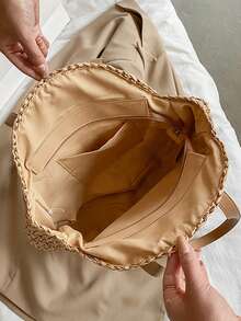 Hollow Out Large Capacity Woven Bag, Versatile Vacation Beach Straw Tote Bag, Commute Artistic Style Shoulder Handbag - Brown - View 4