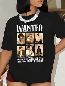 T-Shirt With Historical Portrait Print And Empowered Women Lettering 2026 - Soft Pure Cotton, Round Neck, Short Sleeves, Loose Fit - Machine Washable Casual T-Shirt, Spring/Summer, T-Shirt With An Inspirational Historical Message. - 黑色 - 查看 7