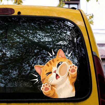 Cute Orange Cat Car Decal - Funny Cartoon Smashed Glass Cat Vinyl Sticker, Waterproof, Removable, UV Resistant, Self-Adhesive Window Decal For Car, Truck, SUV, Van, RV Rear & Side Windows
