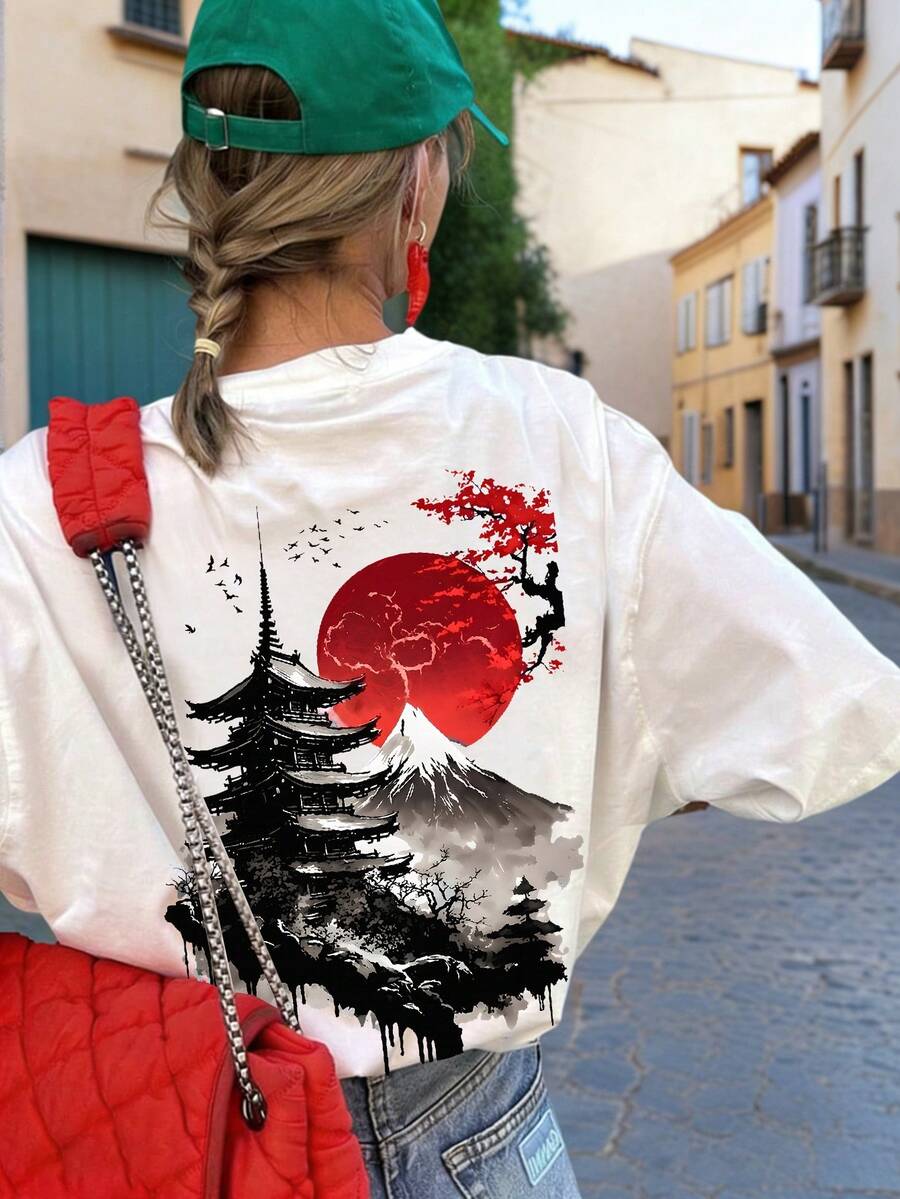 夏季新款時尚復古寶塔、紅月、山脈印花休閒圓領短袖T恤,女款百搭時尚上衣 白色 - 白色 - 查看 1