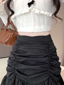 A Pure And Charming Slim-Fit Dress For Slightly Curvier Girls. A New Summer Design, A Short-Sleeved T-Shirt Dress With A Drawstring. - Black - View 5