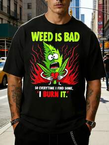 Camiseta de cuello redondo para hombre con diseño de hoja de cáñamo y llama destrozada, corte holgado, 100% algodón puro, elegante y versátil, tela suave y cómoda, adecuada para uso diario y como regalo para las fiestas. No me gusta el cáñamo, así que lo quemo cada vez que lo encuentro. El estilo es casual de verano, un regalo perfecto para amigos y familiares que disfrutan del humor y las declaraciones audaces. - Negro - Ver 1