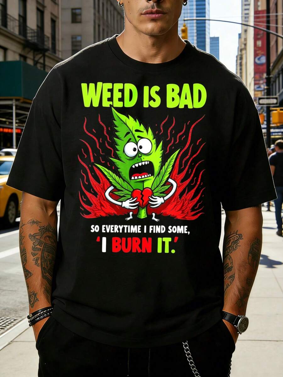 Camiseta de cuello redondo para hombre con diseño de hoja de cáñamo y llama destrozada, corte holgado, 100% algodón puro, elegante y versátil, tela suave y cómoda, adecuada para uso diario y como regalo para las fiestas. No me gusta el cáñamo, así que lo quemo cada vez que lo encuentro. El estilo es casual de verano, un regalo perfecto para amigos y familiares que disfrutan del humor y las declaraciones audaces. - Negro - Ver 1