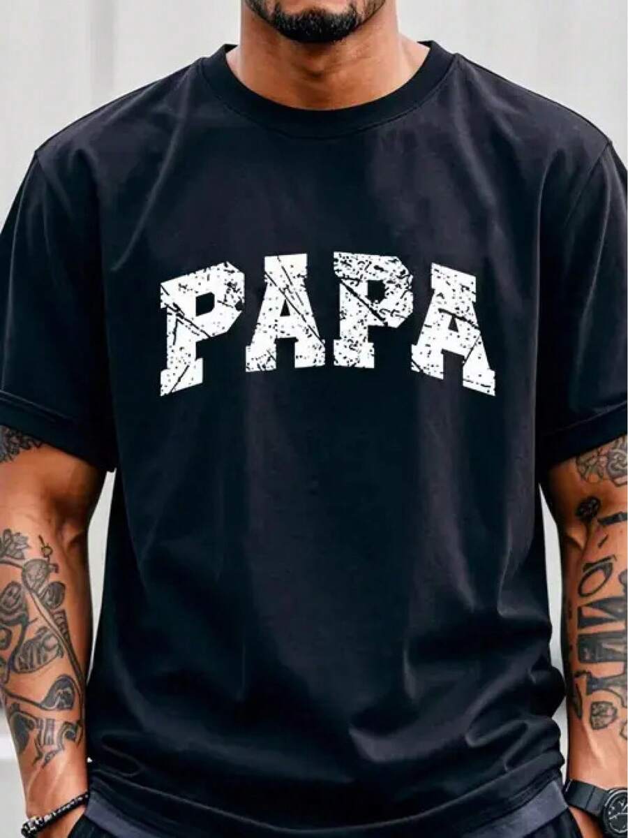 Unisex Men's Large PAPA Print T-Shirt - Moisture-Wicking Quick-Dry Crew Neck Shirt With Lettering, Soft Stretchy Fabric Suitable For Father's Day Gifts, Casual & Wear, Machine Washable Dad Apparel - 白色 - 查看 1