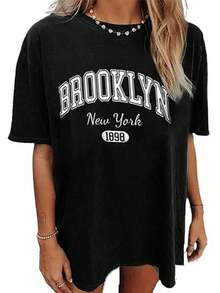 1 Pc New Women's Autumn-Winter Short-Sleeved Round Neck T-Shirt, 100% Cotton, Loose Fit, Casual And Versatile Style With A Modern Print, Ideal As A Basic Garment. 180g 100% Cotton - 1 - 查看 3
