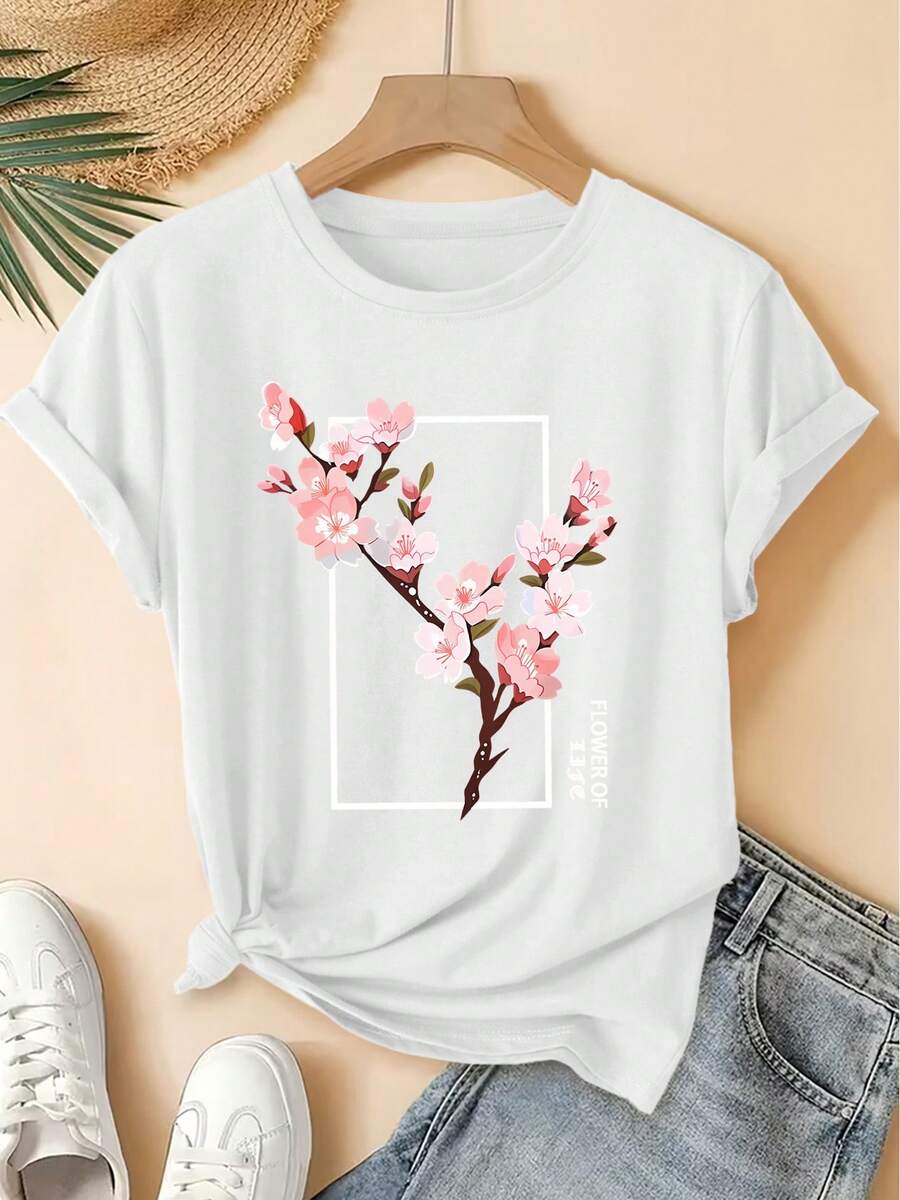 Simple And Versatile Spring/Summer New Women's Short Sleeve Crew Neck T-Shirt With Artistic Cherry Blossom Branch Print, Distressed Vintage Style, Casual Top, Soft And High-Quality Women's Clothing. | Fun And Original Design | Suitable For Everyday Wear In Spring, Cotton T-Shirt. - 白色 - 查看 1