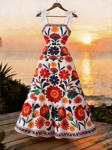Vestido largo de verano con estampado vintage, hombros con cordones, corte en la cintura para vacaciones y playa para mujeres - Multicolor 2 - Ver 8