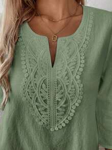 Blusas casuales de mujer de manga larga con escote en pico en unicolor, blusas de manga tres cuartos - verde menta - Ver 7