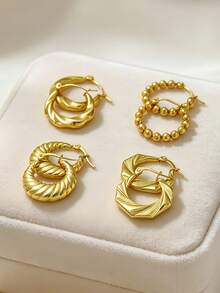 6件套金色不锈钢低过敏性圈形耳环，优雅女士耳环，独特纹理几何设计，18K镀金不锈钢耳环，轻盈低过敏，实心金属耳环，经典复古精致日常耳环 - 时尚夏季饰品，适合休闲、派对、海滩度假，送给女性/女孩的最佳礼物 - 油壓套裝 - 查看 8