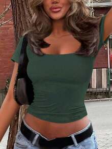 Blusa ajustada y sexy de punto para mujer , camiseta casual de cuello cuadrado de unicolor, primavera/verano - Verde Oscuro - Ver 6