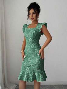 Vestido elegante de jacquard para ir al trabajo, verano - Verde Oscuro - Ver 5
