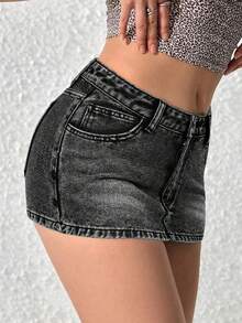 Falda vaquera mini casual, sexy y ceñida de moda para el verano para mujeres - Negro - Ver 9
