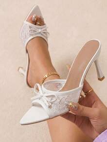 New Elegant Fashion Women's Lace Mesh Bow Pointed Toe Slip-On High Heel Mules, White & Pink Sandals (Paired With Irregular Pattern) - White - View 1