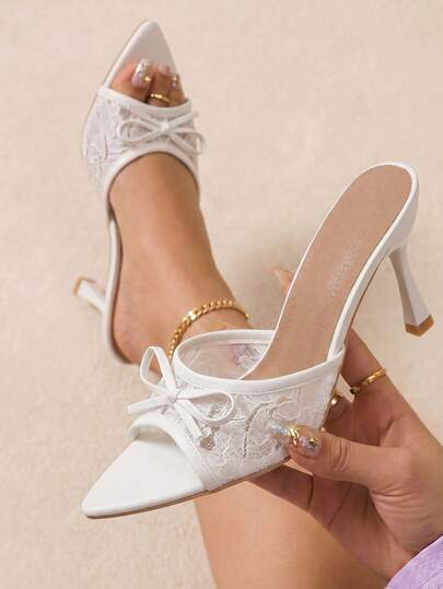 New Elegant Fashion Women's Lace Mesh Bow Pointed Toe Slip-On High Heel Mules, White & Pink Sandals (Paired With Irregular Pattern)