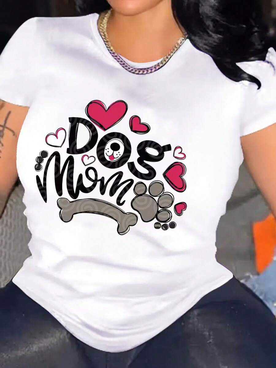 Camiseta de Mujer con Estampado de Mamá Perrita | Top casual blanco, con estampados de caritas de cachorro, corazones y huellas de patas, cuello redondo, manga corta, largo regular, tela ligeramente elástica, adecuado para todas las estaciones, ropa de mujer, blusas de mujer, tallas S-3XL. - Blanco - Ver 1