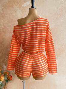 Casual 2-Piece Set Consisting Of A Cropped Top With An Irregular Neckline And Lettuce Hem, And Shorts, In A Solid Color, For Vacation, Spring/Summer - Multicolor 12 - View 8