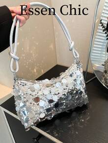 1pc Gold Color Crescent Moon Shape Glitter PVC Shoulder Bag For Women, New , Beach - Silver - View 7