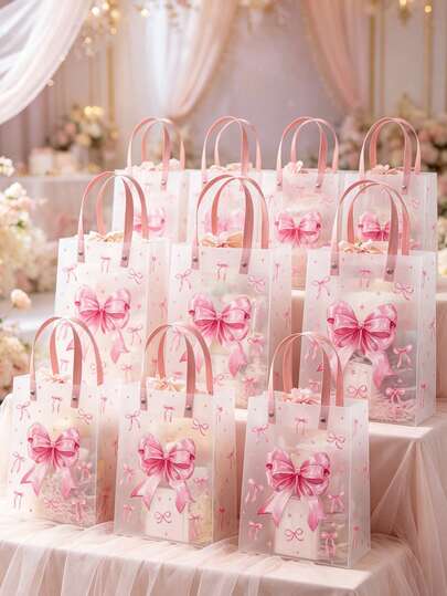 6pcs Pink Bow Gift Bags, Pink Birthday Decorations, Self-Standing Bags, Pink Bow Decor, Tote Bags, Birthday Supplies, Handy Bags, Wedding Decor, Gift Wrapping Bags, Babyshower Party Decorations, Gender Reveal Party Supplies, Home Decor, Party Favors