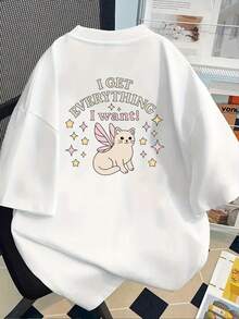 Camiseta de Mujer% Algodón - Camiseta con Gráfico de Gato y Hada - ¡Obtengo Todo Lo Que Quiero! Camisetaágica con Estrellas Pastel, Suave para Uso Diario para Amantes de Mascotas - Camiseta de Verano Lavable aáquina, Camiseta para Gatos, Ropa Casual, Estilo Caprichoso, Material Cómodo, Ligera, Transpirable, Éxito de  de Verano - Blanco - Ver 4