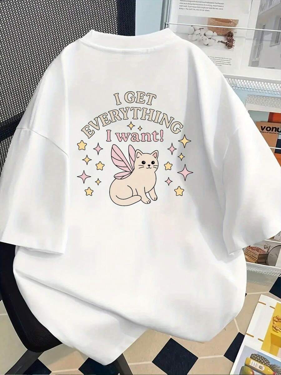 Camiseta con Estampado de Gato y Hada para Mujer - "¡Obtengo Todo lo que Quiero!"Camiseta Mágica con Estrellas Pastel, Suave para Uso Diario para Amantes de Mascotas - Camiseta de Verano Lavable a Máquina, Camiseta para Gatos, Ropa Casual, Estilo Caprichoso, Material Cómodo, para Uso Casual - Blanco - Ver 1