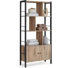 Large Bookshelf 4 Shelves Industrial Style With Doors Steel Structure Rustic Brown Ink Black Storage Shelf For Living Room Office - Toasted Oak + Black - View 1