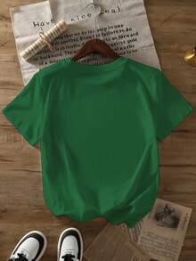 Soft 100% Cotton Women's T-Shirt, Summer Leopard Print, With Gold Strokes And White Double Heart Pattern, New Summer Short Sleeve T-Shirt, Casual And Fashionable, Printed, Breathable, Cotton, Matches Everything. - 綠色 - 查看 2