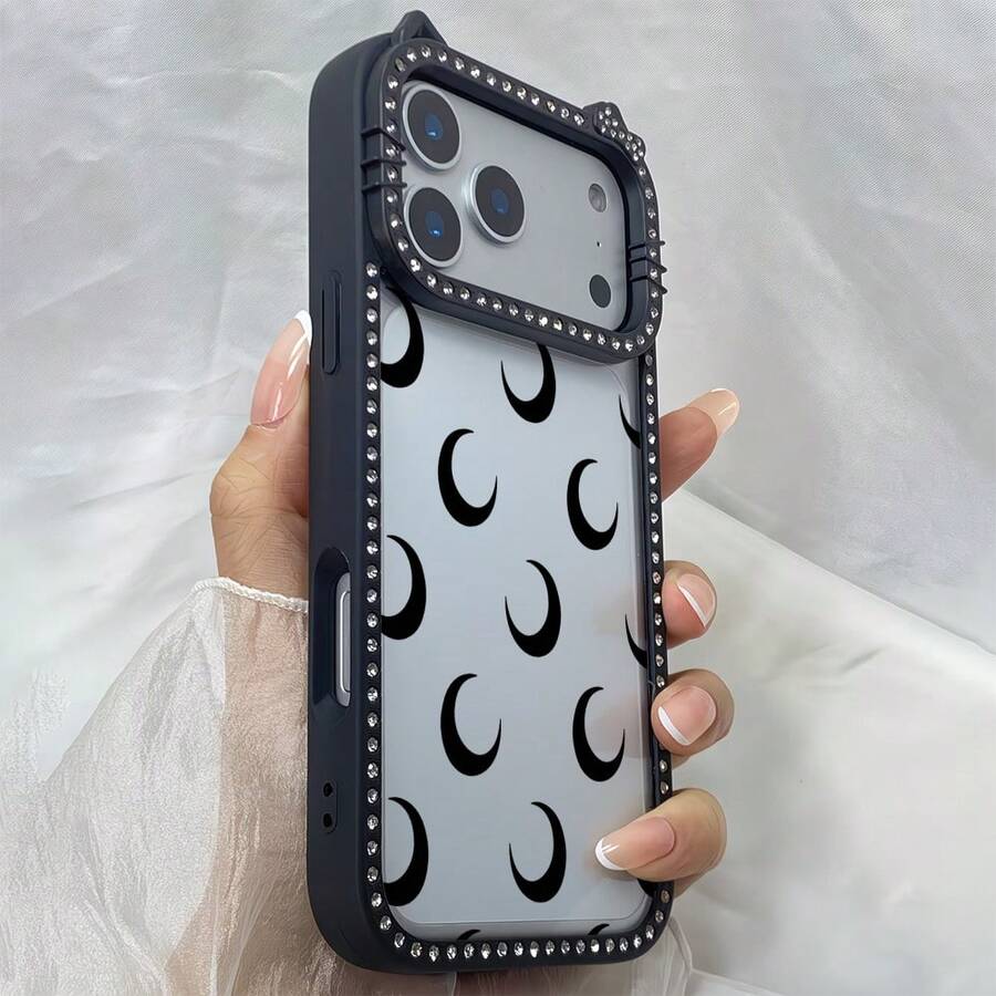 スマホケースラインストーンフレーム猫耳透明ケースキラキラ女性向けスマホケース耐衝撃カメラレンズ保護傷防止クリア/ラインストーン付き/ソフトTPU苹果17proMax/17pro/17/11/12/13/14/15/15Pro/15PluS/15ProMax/16/16Pro/16PluS/16ProMax/かわいい/レトロ/ガーリー大人上品おしゃれインスタ映え - 黑色 - チェックする 1