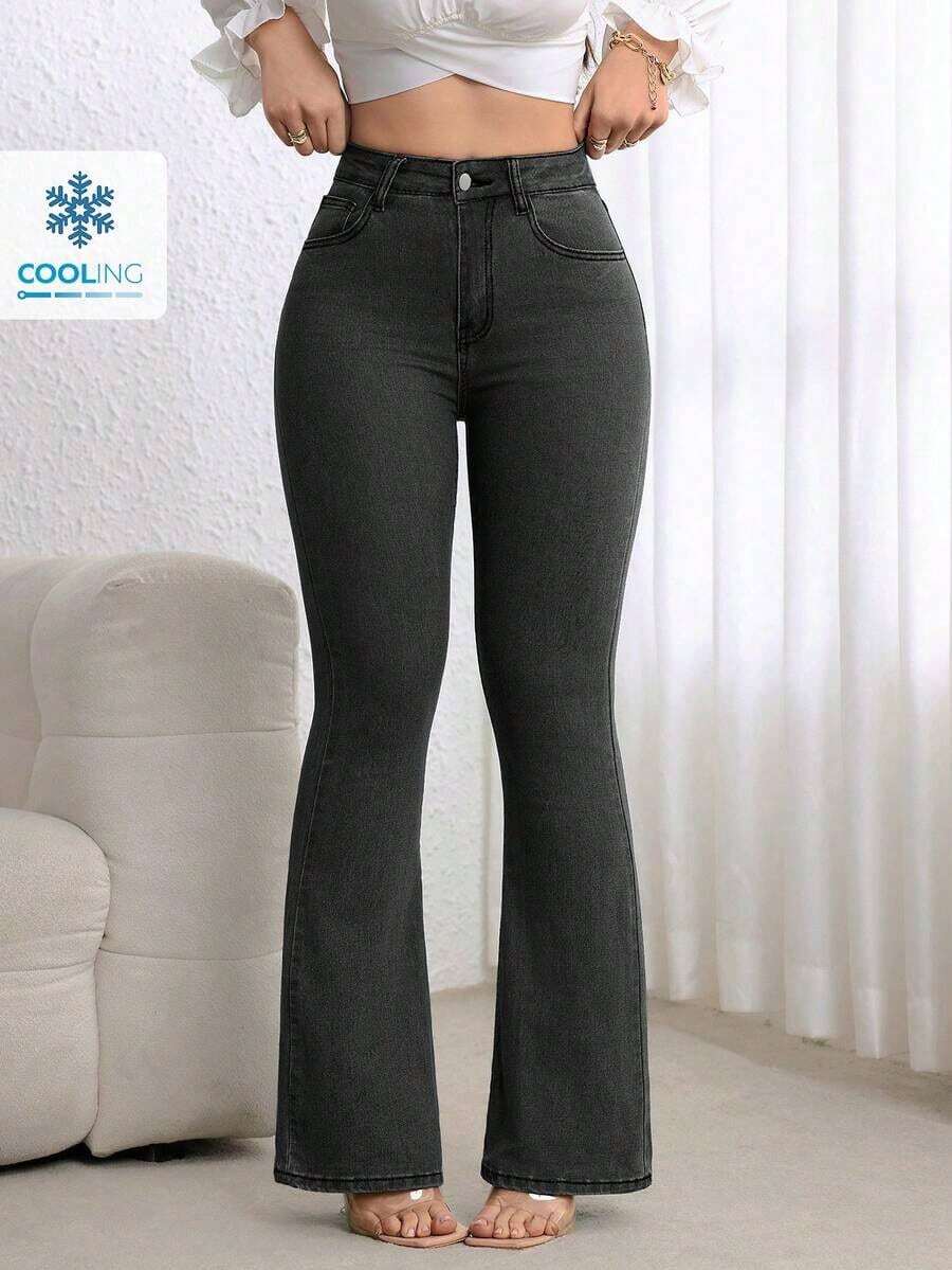 Women's Pocket Button Casual Versatile Daily Wear Flare Jeans - Negro - Ver 1