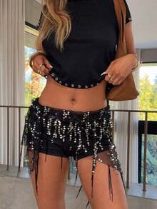 Women's Y2K Fringe Belly Wrap,Dance Scarf Belly Sheer Skirt Cover Up,Sequin See Through Mesh  Asymmetrical Tie Waist Skirt,Suitable Yoga, Belly Dance, Performance,Club Party,Night Out - màu đen - Xem 6