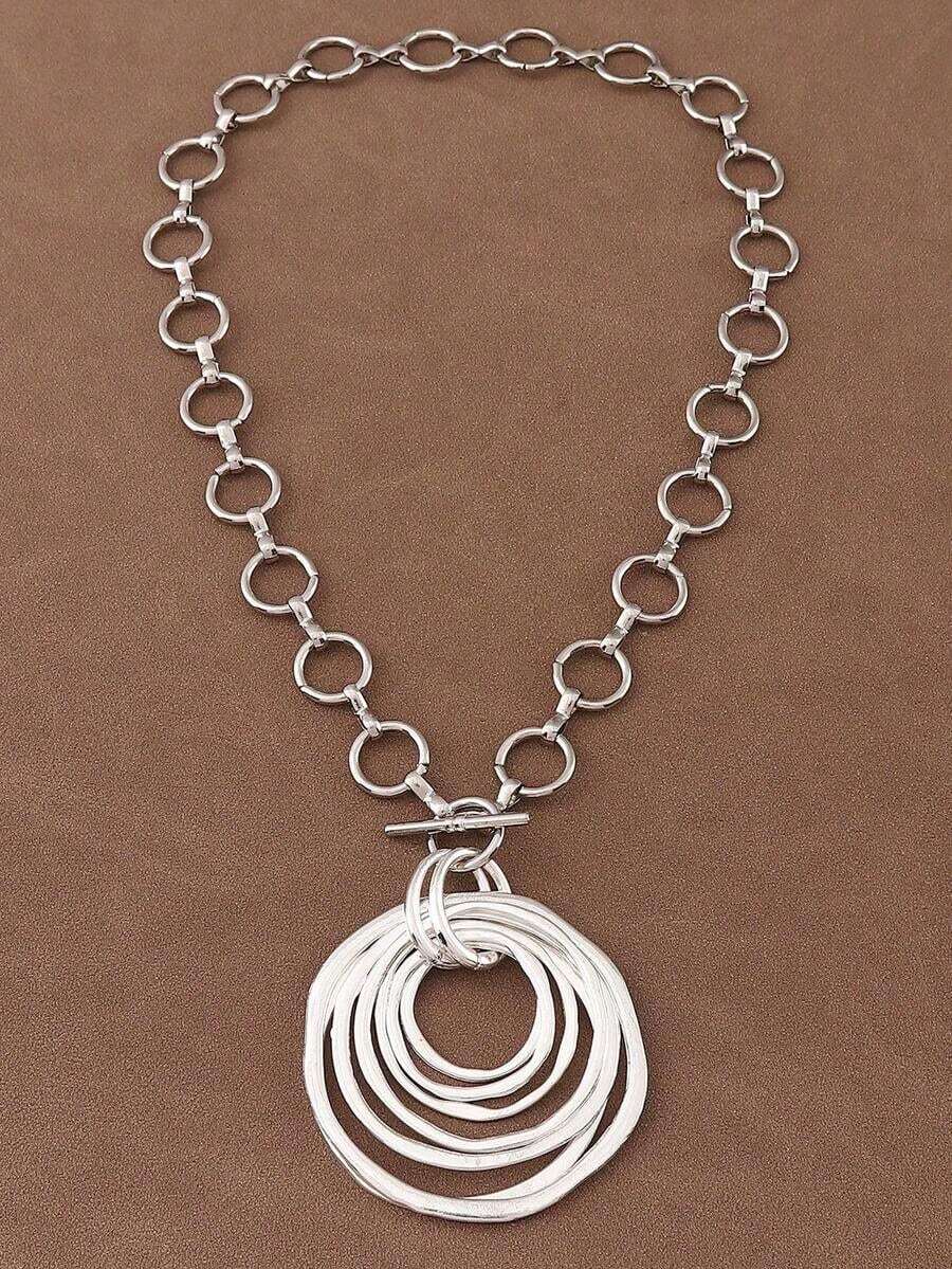 1 Piece Silver/Matte Gold Color Large Open Hollow Multi-Layer Asymmetrical Round Circle Pendant Chunky Chain Statement Necklace Suitable For Women's Daily Wear 18"+2" Extend Chain - Silver - View 1