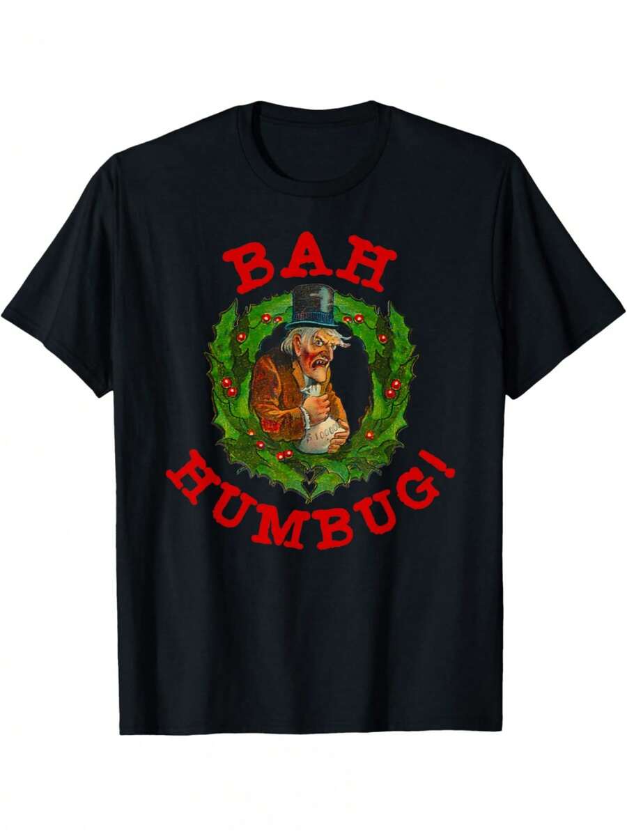 Funny Scrooge Bah Humbug T-Shirt With Christmas Wreath Design - Black Graphic Tee With Grumpy Face And Wreath, 100% Ultra Soft Cotton, Breathable, Moisture-Wicking, Loose Fit, For Casual Wear All Year Round At Parties, Running, Weekends - 黑色 - 查看 1
