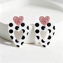 1 Pair Pink Glitter Heart Patchwork Black & White Polka Dot Earrings, Hollow Heart Design Sweet Girl Earrings, Versatile Lightweight Earrings, Gift For Girlfriend/Friend, Match Polka Dot Outfits, Style - A - View 2