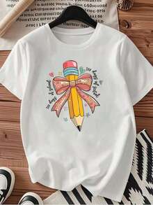 1 Piece Of Women's T-Shirt, Fashionable Cool Casual Crew Neck T-Shirt With Printed Letters, Women's Sweater Clothing For All Seasons (Spring, Summer, Autumn, Winter), Suitable For Sports/Beach/Street/Party, As A Gift For Him/Her, Friends - 180g And 100% Cotton (S-3XL, Local Shipping) - 白色背景上的鉛筆畫 - 查看 11