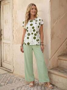 Set de 2 piezas con top de manga corta y pantalón de pierna ancha con estampado geométrico para mujer - Verde - Ver 6