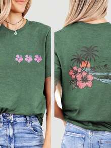 Camiseta con Estampado de Doble Cara "Paraíso Tropical" |   Diseño Exótico de Flores y Palmeras para Amantes de la Playa |   Ropa de Verano y Vacaciones en Mezcla de Algodón Suave - Verde - Ver 1