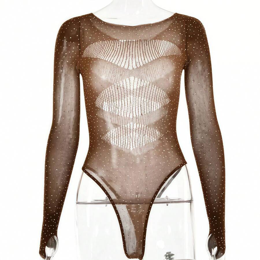 Rhinestone Sheer Mesh Lingerie Costume Set, Sparkling Hot Drill Decor Design, Pure Aesthetic See Through Perspective Style, Elegant Dance Performance Outfit, Soft Stretchy Skin Fabric, Seductive Fitted Tailored Cutting, Glamour Shiny Rhinestone Accents, Flirty Boudoir Tempting, Multi Purpose Themed Uniform Wear, Lightweight Breathable Daily Loungewear, Romantic Intimate Bedroom Attire, Stylish Stage And Lounge Costume For Women - T330咖啡色簡裝 - 查看 1
