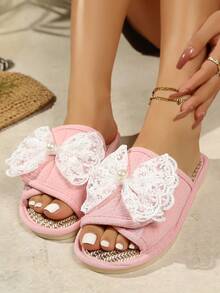 French Pearl Lace Bow Slippers, Women's Hook And Loop Soft Bottom Non-Slip House Slides - Pink - View 7