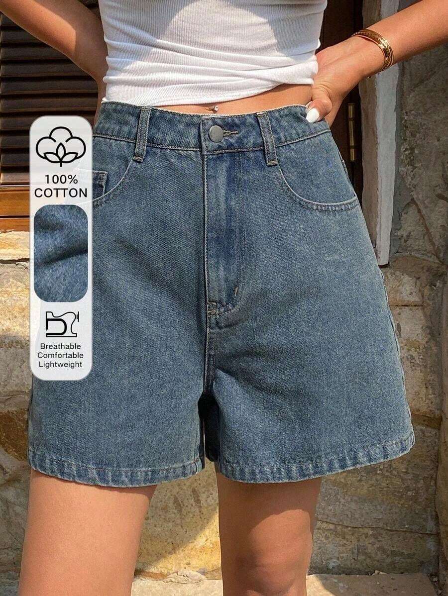 shorts vaqueros informales y sueltos con efecto desgastado para mujer - Azul - Ver 1