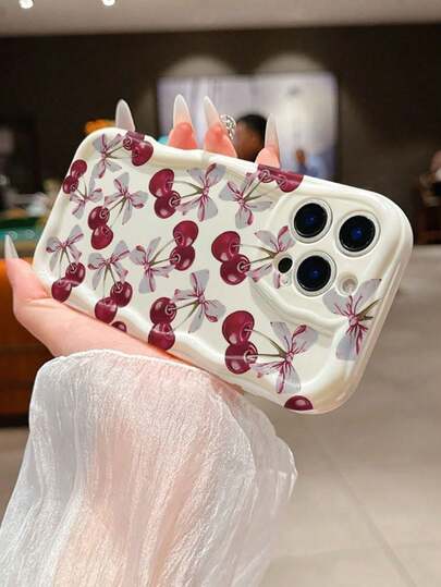 1 pieza Nueva Funda de Teléfono Estilo Ins con Lazo de Cereza para iPhone 17 Pro Max 16 15 Plus 14 13 12 11, Color Blanco Crema, Moda Coreana Creativa con Borde Ondulado, Funda Protectora Minimalista de Nicho con Cobertura Completa a Prueba de Golpes