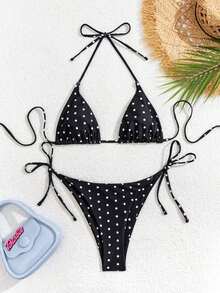 Random Floral Print Bikini Set For Beach Vacation - Black and White - View 1