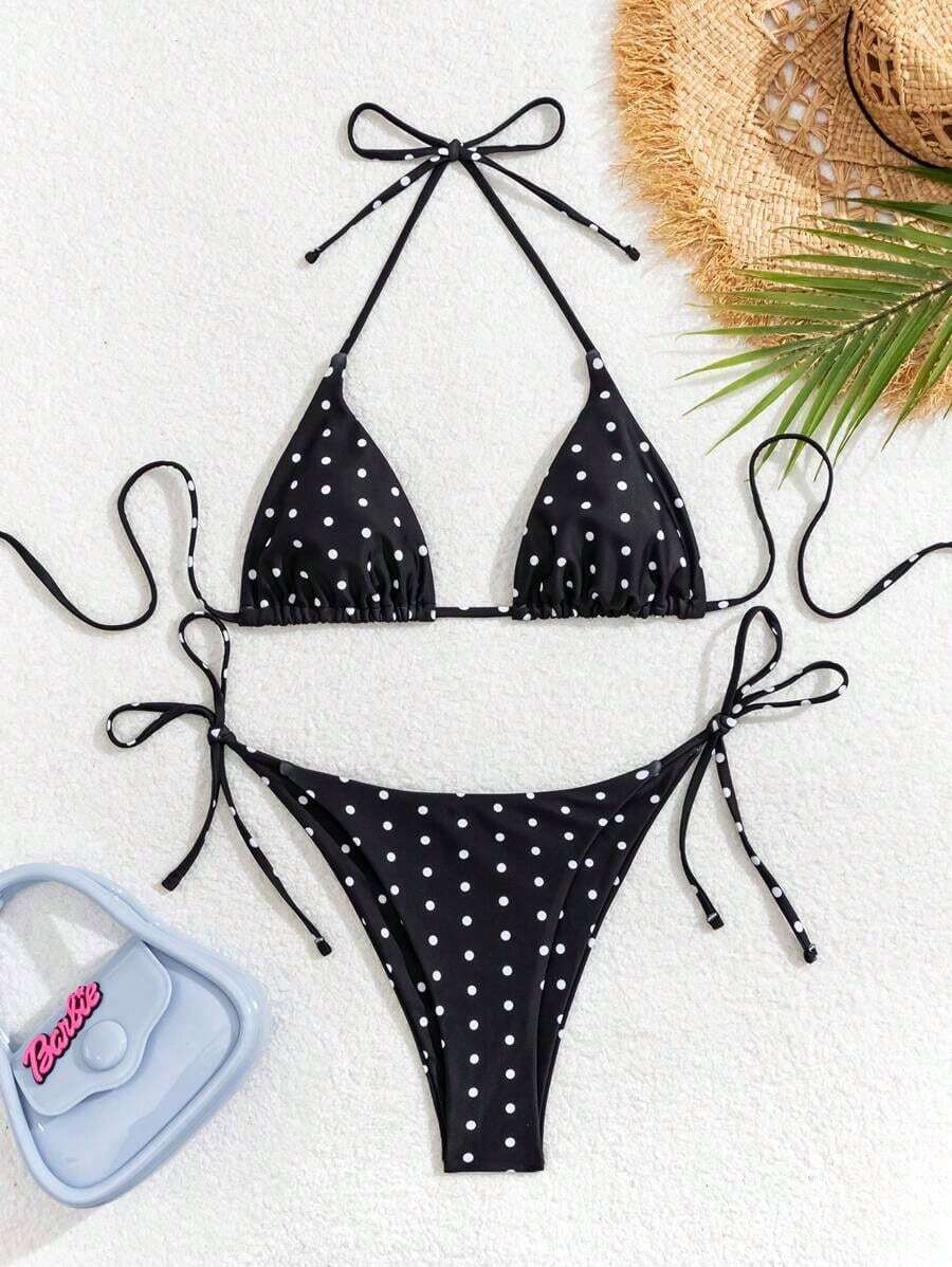 Random Floral Print Bikini Set For Beach Vacation - Black and White - View 1