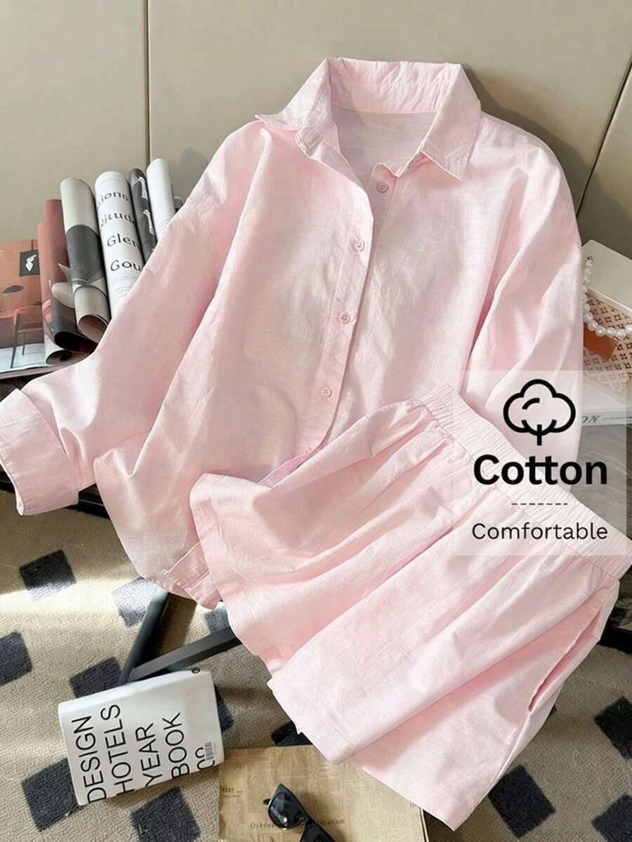 conjunto de 2 piezas de pantalón corto y blusa de manga larga de lino informal y holgado de moda minimalista para mujer - Rosa - Ver 1