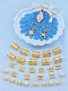 34个可调节金色金属发圈，饰有白色贝壳、金色海星和白色仿珍珠，适合夏季度假波西米亚风发饰，可作发夹使用。 - 金色 - 查看 4