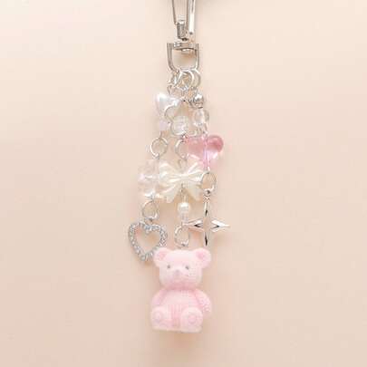 1 pieza Lindo colgante de oso rosa con lazo, llavero con trébol de cuatro hojas transparente con strass en forma de corazón hueco, accesorio creativo y femenino para bolso, regalo de cumpleaños para maestros